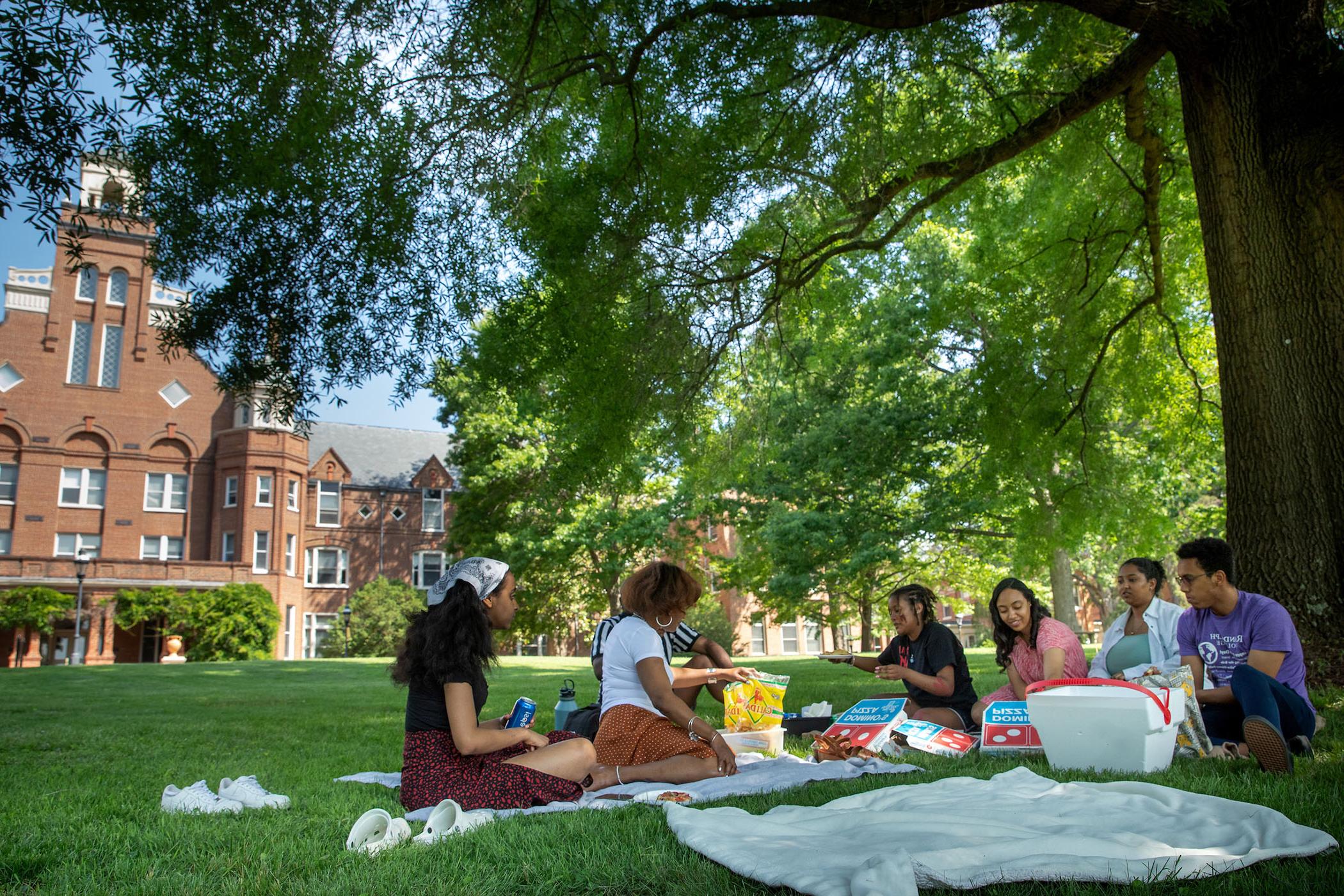 Students enjoy a picnic under a shade tree on front campus at Randolph College.